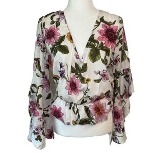 Guess Mini Flourish Fields Crop Top SM Bell Wing Sleeve Blouse Y2K Retro NWT